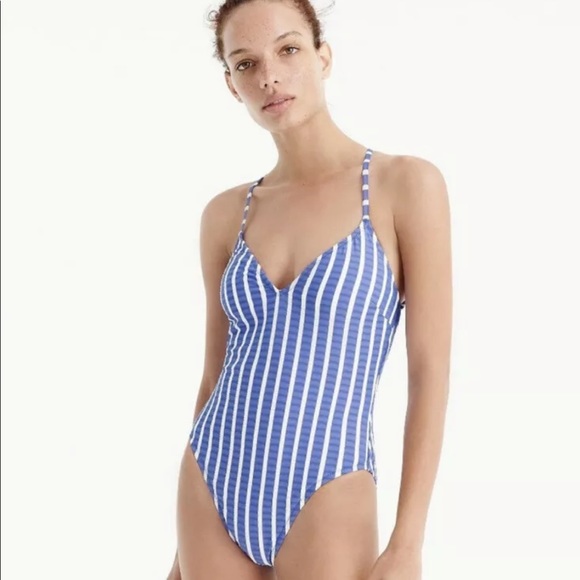 J.CREW Lace-Up Back Swimsuit Cobalt Blue White Striped VNeck Nautical Classic - Picture 12 of 12